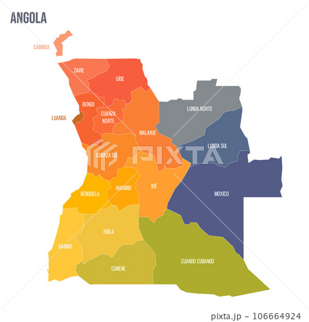 Angola political map of administrative divisions - provinces. Colorful spectrum political map with labels and country name. 106664924