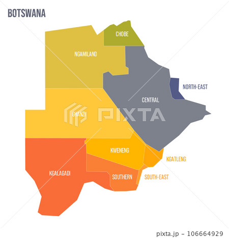 Botswana political map of administrative divisions - rural and urban districts. Colorful spectrum political map with labels and country name. 106664929