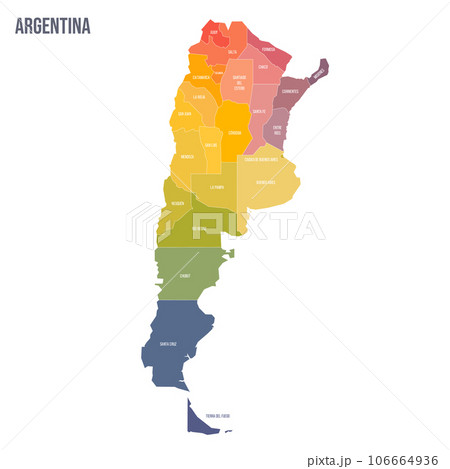 Argentina political map of administrative divisions - provinces and autonomous city of Buenos Aires. Colorful spectrum political map with labels and country name. Argentina political map of administrative divisions - provinces and autonomous city of Buenos Aires. Colorful spectrum political map with labels and country name. 106664936