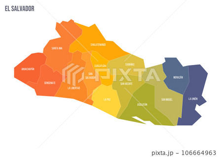 El Salvador political map of administrative divisions - departments. Colorful spectrum political map with labels and country name. El Salvador political map of administrative divisions - departments. Colorful spectrum political map with labels and country name. 106664963