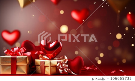 Happy valentines day banner. Red and gold hearts foil balloons with gifts on Valentines Day background. Romantic banner 106665733