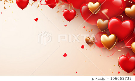 Happy valentines day banner. Red and gold hearts foil balloons with gifts on Valentines Day background. Romantic banner Happy valentines day banner. Red and gold hearts foil balloons with gifts on Valentines Day background. Romantic banner 106665735