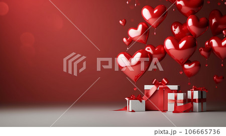 Happy valentines day banner. Red and gold hearts foil balloons with gifts on Valentines Day background. Romantic banner Happy valentines day banner. Red and gold hearts foil balloons with gifts on Valentines Day background. Romantic banner 106665736
