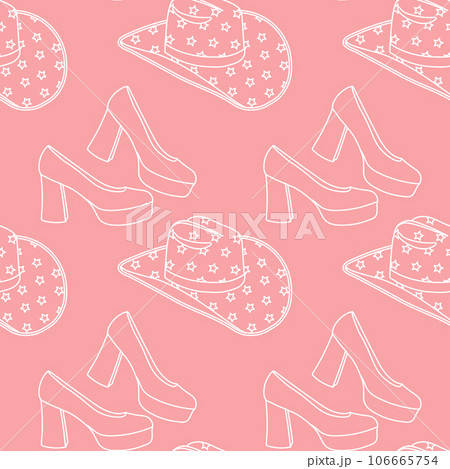 Cute pink seamless pattern with retro cowgirl hats and high heel shoes. Background, print for girls. Vector 106665754