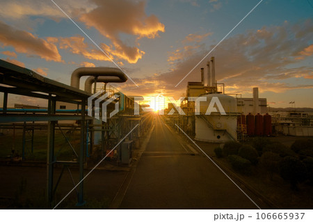 夕焼けに染まる尼崎市内臨海地区の工場 106665937