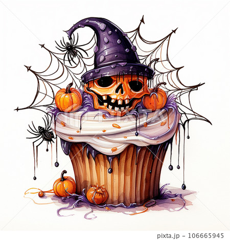 Halloween cupcake with pumpkin, witch hat and spiders, illustration 106665945