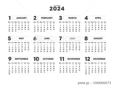 2024年のシンプルな年間カレンダー - 月曜始まり･12ヶ月･1年分の暦 - A判比率 106666073