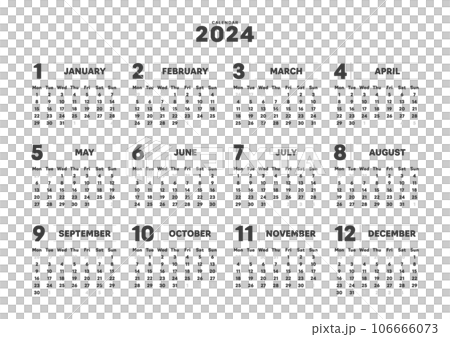 2024年のシンプルな年間カレンダー - 月曜始まり･12ヶ月･1年分の暦 - A判比率 106666073