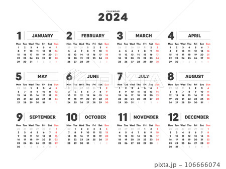 2024年のシンプルな年間カレンダー - 月曜始まり･12ヶ月･1年分の暦 - A判比率 106666074