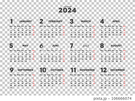 2024年のシンプルな年間カレンダー - 月曜始まり･12ヶ月･1年分の暦 - A判比率 106666074