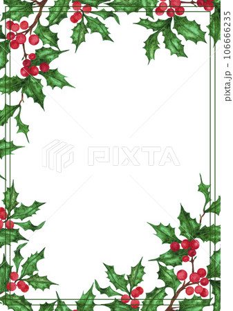 Hand drawn watercolor holly with berries postcard isolated on white background. Can be used for poster, greeting, invitation and other printed products. Hand drawn watercolor holly with berries postcard isolated on white background. Can be used for poster, greeting, invitation and other printed products. 106666235