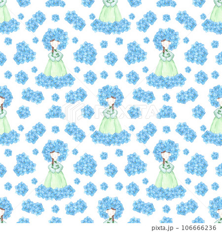 Hand drawn watercolor korean girl in hanbok with hydrangea flowers seamless pattern on white background. Can be used for textile, fabric, gift-wrapping and other printed products. Hand drawn watercolor korean girl in hanbok with hydrangea flowers seamless pattern on white background. Can be used for textile, fabric, gift-wrapping and other printed products. 106666236