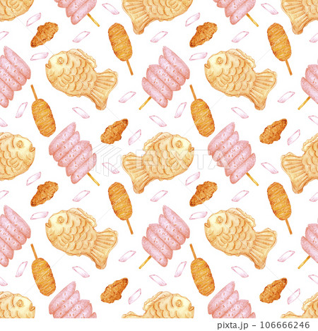 Hand drawn watercolor korean street food seamless pattern isolated on white background. Can be used for textile, fabric and other printed products. 106666246