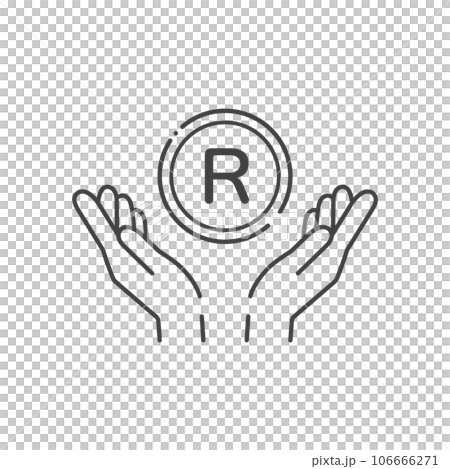 A simple coin with the letter R and a human hand icon - an image of South African money and rand 106666271