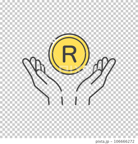 A simple coin with the letter R and a human hand icon - an image of South African money and rand 106666272