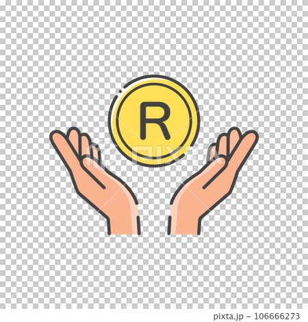 A simple coin with the letter R and a human hand icon - an image of South African money and rand 106666273