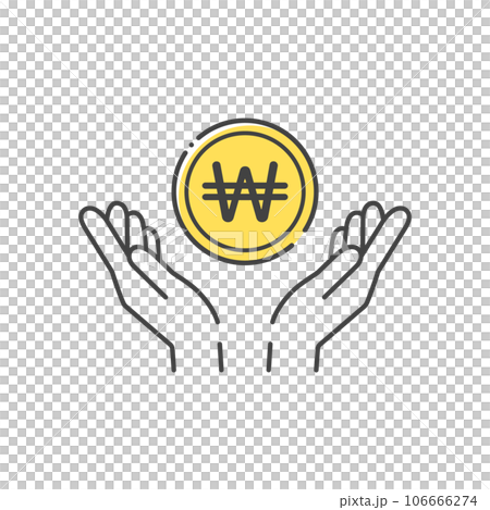 A simple coin with the letter ₩ and a human hand icon- the image of Korean money, won, 원, and won 106666274