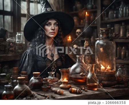 Portrait of a woman witch in dima with potions. Portrait of a woman witch in dima with potions. 106666358