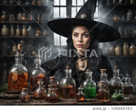 Portrait of a woman witch in dima with potions. 106666365