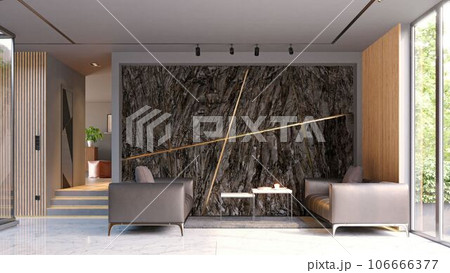 modern dark living interior with rock feature. modern dark living interior with rock feature. 106666377