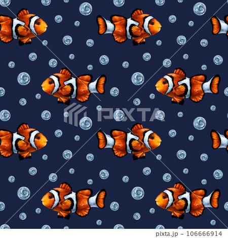 Seamless pattern with colorful tropical clown fish and water bubbles. Marine underwater life, travel, diving. Illustration for textiles, fabrics, banners, wrapping paper, wallpaper 106666914