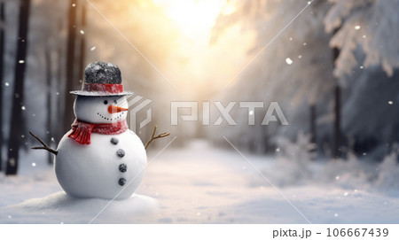 背景に木々がある中、帽子をかぶった雪だるま。冬の季節の雪で覆われた風景の上の雪だるま。 背景に木々がある中、帽子をかぶった雪だるま。冬の季節の雪で覆われた風景の上の雪だるま。 106667439