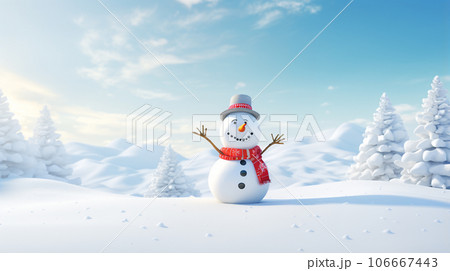 背景に木々がある中、帽子をかぶった雪だるま。冬の季節の雪で覆われた風景の上の雪だるま。 背景に木々がある中、帽子をかぶった雪だるま。冬の季節の雪で覆われた風景の上の雪だるま。 106667443