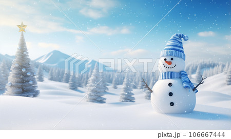 背景に木々がある中、帽子をかぶった雪だるま。冬の季節の雪で覆われた風景の上の雪だるま。 背景に木々がある中、帽子をかぶった雪だるま。冬の季節の雪で覆われた風景の上の雪だるま。 106667444