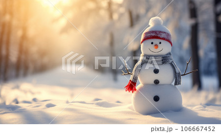 背景に木々がある中、帽子をかぶった雪だるま。冬の季節の雪で覆われた風景の上の雪だるま。 背景に木々がある中、帽子をかぶった雪だるま。冬の季節の雪で覆われた風景の上の雪だるま。 106667452