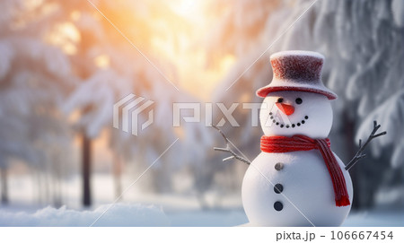 背景に木々がある中、帽子をかぶった雪だるま。冬の季節の雪で覆われた風景の上の雪だるま。 106667454