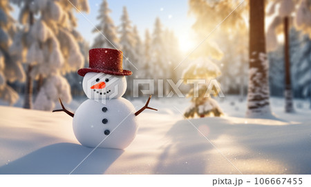背景に木々がある中、帽子をかぶった雪だるま。冬の季節の雪で覆われた風景の上の雪だるま。 背景に木々がある中、帽子をかぶった雪だるま。冬の季節の雪で覆われた風景の上の雪だるま。 106667455