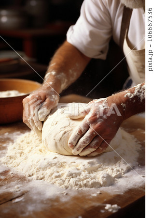 Male hands mixing and kneading dough. 106667536