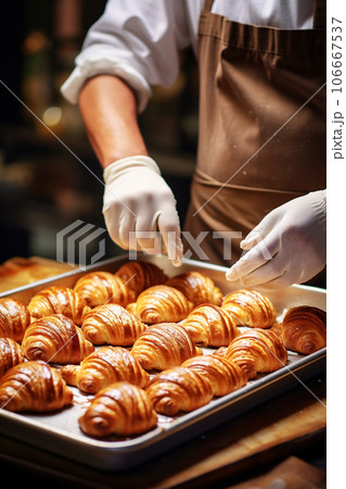 Male chef hands preparing and decorating croissants. 106667537
