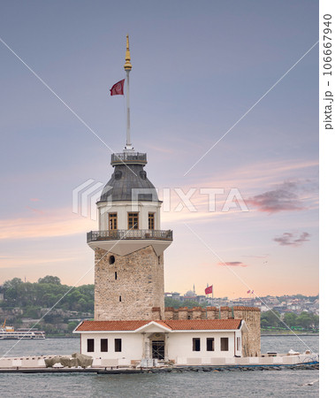 Maiden's Tower or Kiz Kulesi located in a small islet in Bosphorus near the coast of Uskudar district, Istanbul, Turkiye 106667940