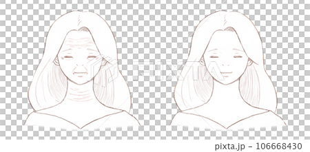 顔にシワが多い女性とシワがない女性　背景透明の線画. 106668430