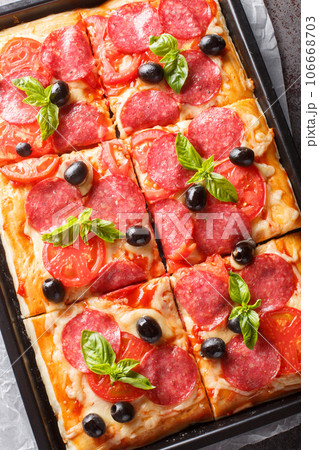 Tasty Pizza al Taglio or Pizza al trancio with cheese, sausage, olives and tomatoes closeup on the tray on the table. Vertical top view 106668703