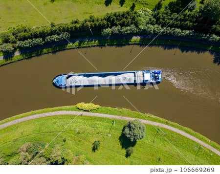 Lembeek, Halle, Vlaams Brabant, Belgium,Sep 5th 2023, cargo ship or barge passing on the Canal Lembeek, Halle, Vlaams Brabant, Belgium,Sep 5th 2023, cargo ship or barge passing on the Canal 106669269