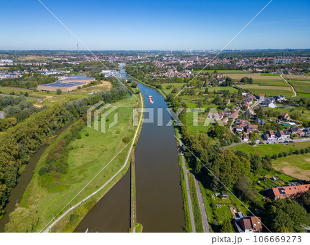 Lembeek, Halle, Vlaams Brabant, Belgium,Sep 5th 2023, cargo ship or barge passing on the Canal Lembeek, Halle, Vlaams Brabant, Belgium,Sep 5th 2023, cargo ship or barge passing on the Canal 106669273