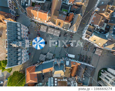 Halle, Flemish Brabant Region, Belgium, 06 09 2023, Sun rising over Halle, Aerial view, top down, of Halle, Flemish Brabant Region, Belgium, 06 09 2023, Sun rising over Halle, Aerial view, top down, of 106669274