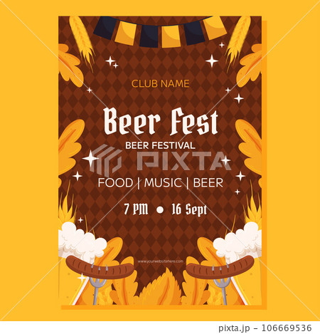 Beer festival poster template. Design with glass of beer, forks with grilled sausage, wheat and leaves, black and yellow garland. Rhombus pattern on back 106669536