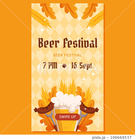 Beer festival vertical social media stories template. Design with glass of beer, forks with grilled sausage, wheat and leaves. Light yellow rhombus pattern 106669537