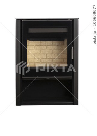 Modern fireplaces for heating from metal and heat-resistant glass. Boiler for solid fuel isolated on white background. 106669677