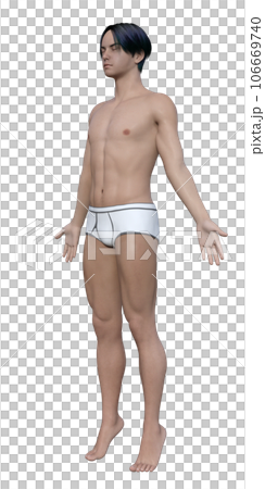 一個穿著內衣的男人閉著眼睛，面向左的全身插圖 106669740