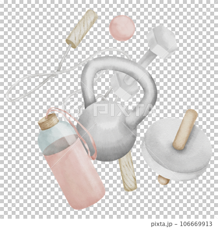 Sports exercise equipment on white isolated background. Hand drawn watercolor Fitness accessories illustration. Drawing of training item for gym logo. Composition of kettlebell and dumbbell. Sports exercise equipment on white isolated background. Hand drawn watercolor Fitness accessories illustration. Drawing of training item for gym logo. Composition of kettlebell and dumbbell. 106669913