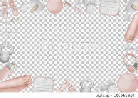 Rectangular Frame of women's Fitness exercise equipment. Hand drawn watercolor illustration of pink Sports accessories on white isolated background. Drawing of template card with blank space for text. Rectangular Frame of women's Fitness exercise equipment. Hand drawn watercolor illustration of pink Sports accessories on white isolated background. Drawing of template card with blank space for text. 106669914