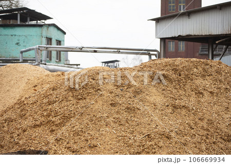 Sawdust piled up in a pile at a woodworking plant. Sawdust piled up in a pile at a woodworking plant. 106669934