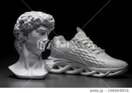 On a dark background, a plaster head of Apollo and a textured white sneaker. On a dark background, a plaster head of Apollo and a textured white sneaker. 106669958