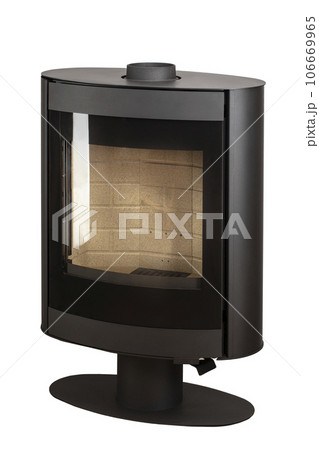 Modern fireplaces for heating from metal and heat-resistant glass. Boiler for solid fuel isolated on white background. Modern fireplaces for heating from metal and heat-resistant glass. Boiler for solid fuel isolated on white background. 106669965