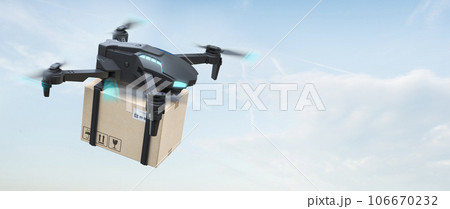 Flying delivery drone with cardboard box. Express delivery concept. Flying delivery drone with cardboard box. Express delivery concept. 106670232