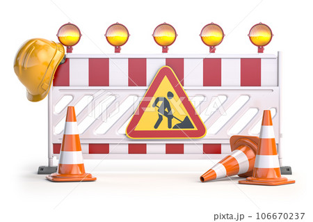 Under construction. Road barrier with trafic signs, cones and hard hat. 106670237